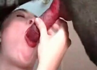 Horny slut is passionately sucking hard red dick of a doggie