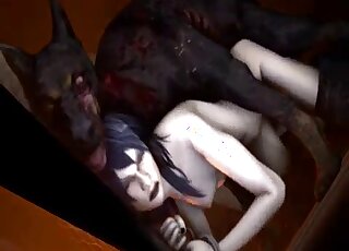 Purple-haired fantasy babe fucks a spooky dog on all fours here