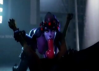 Widowmaker is deepthroating a black dog's hot cock real nicely