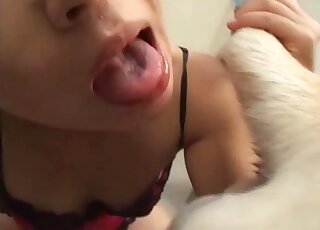 Cute Japanese girl triest the taste of dog ass for the first time