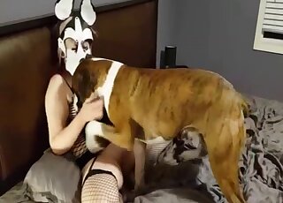 Lady in a creepy furry mask is going to get licked by her fave pet