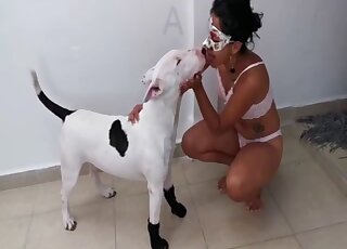 Latina in white lingerie recorded throating and fucking her dog