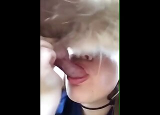 Dirty-talking blonde gives this dog a nice close-up blowjob here ...