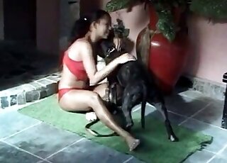 Nasty Latina brunette is trying to seduce her dog for sex