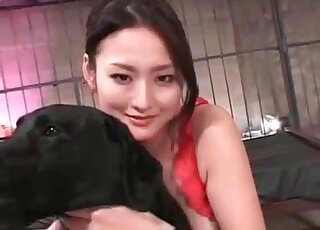 Gorgeous Asian brunette in red tries to seduce her sexy dog here