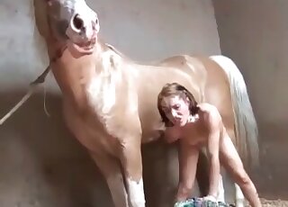 Blonde with firm breasts fucks a brown stallion in missionary too