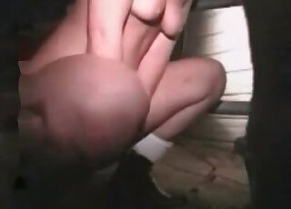 Man and wife fuck a horse in the barn in a beastiality porn scene