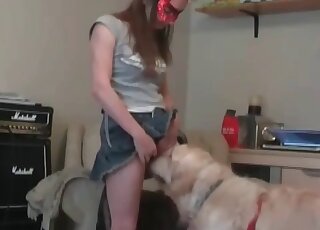 Lovely chick teaches her dog to lick and fuck her sweet snatch