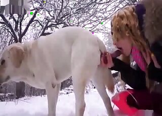 White dog enjoying hot oral with a really slutty blonde in the winter
