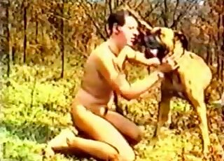 Outdoor video showing a fully naked zoophile guy and his dirty dog